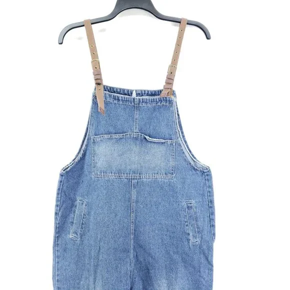 Hipster Row Womens XL Cropped Denim Overalls High Rise Adjustable Buckle Straps - Picture 6 of 9